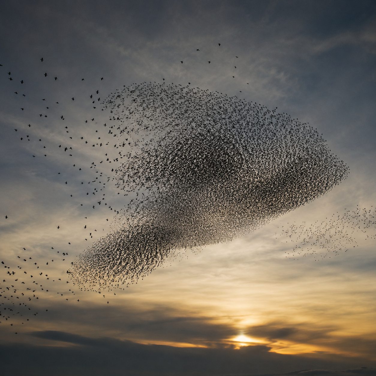 Bandada de estorninos formando una figura en el cielo al atardecer