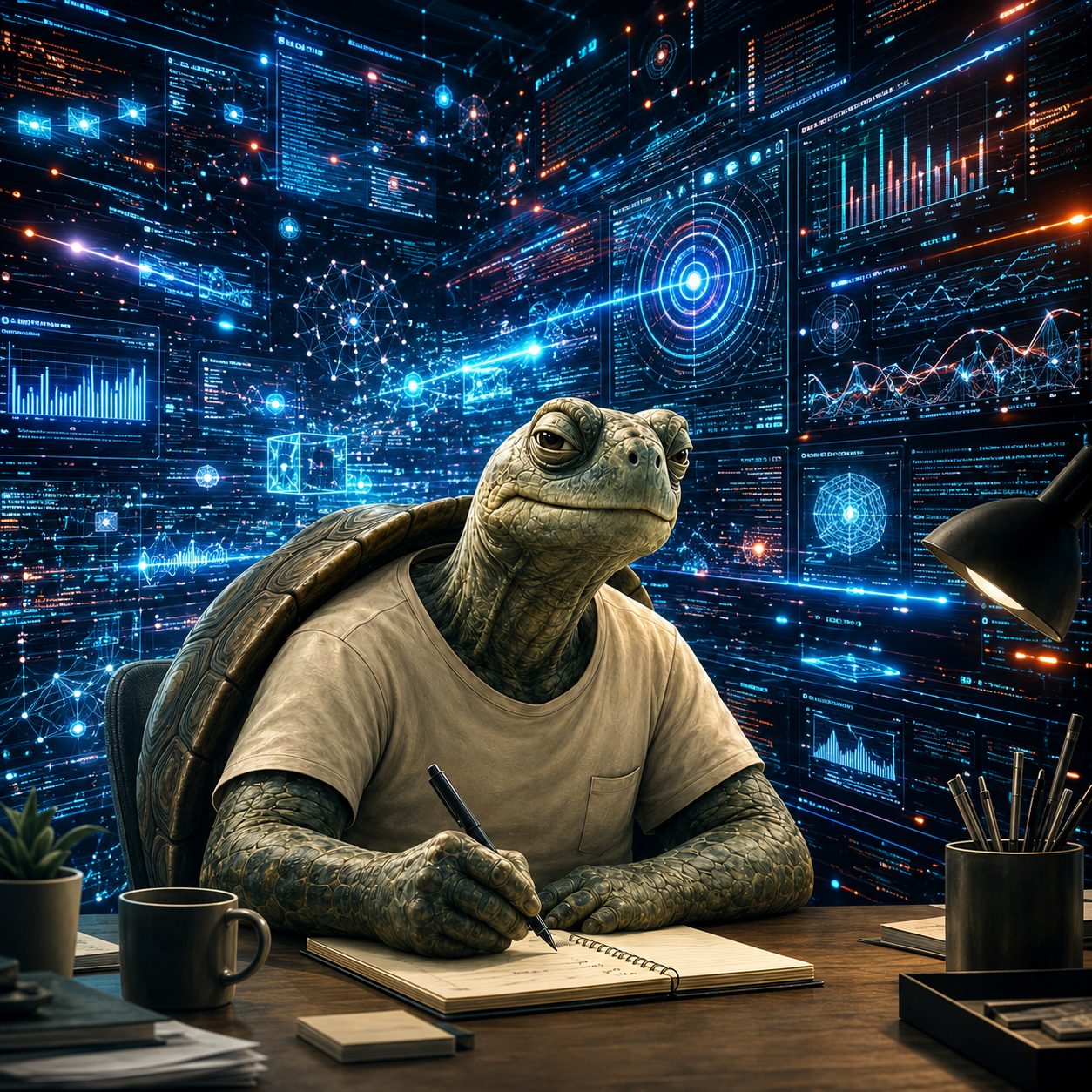 Tortuga escribiendo con calma en un cuaderno frente a una pared de pantallas llenas de datos