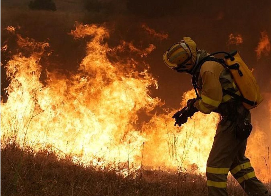 Bombero forestal trabajando junto a las llamas de un incendio
